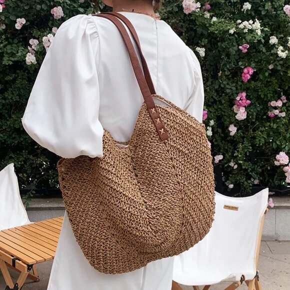 Glamor Theory Handbags - Boutique Beachy Weave Tote Purse Summer Beach Bag Dark Beige